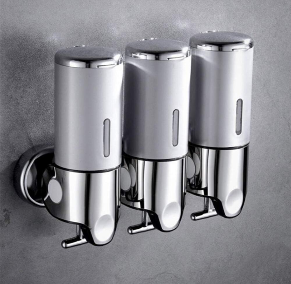 3 Chamber Wall Mount Soap Shampoo Dispenser Silver Bathroom Organizer New